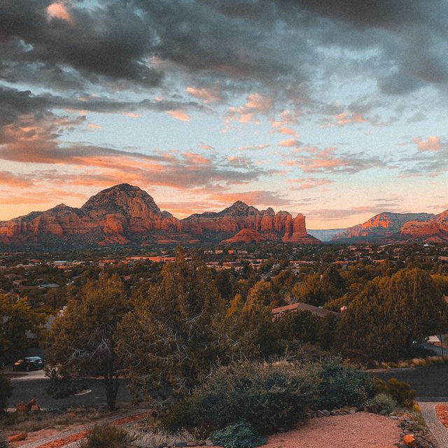 Red rock formations at sunset above Sedona, Arizona
