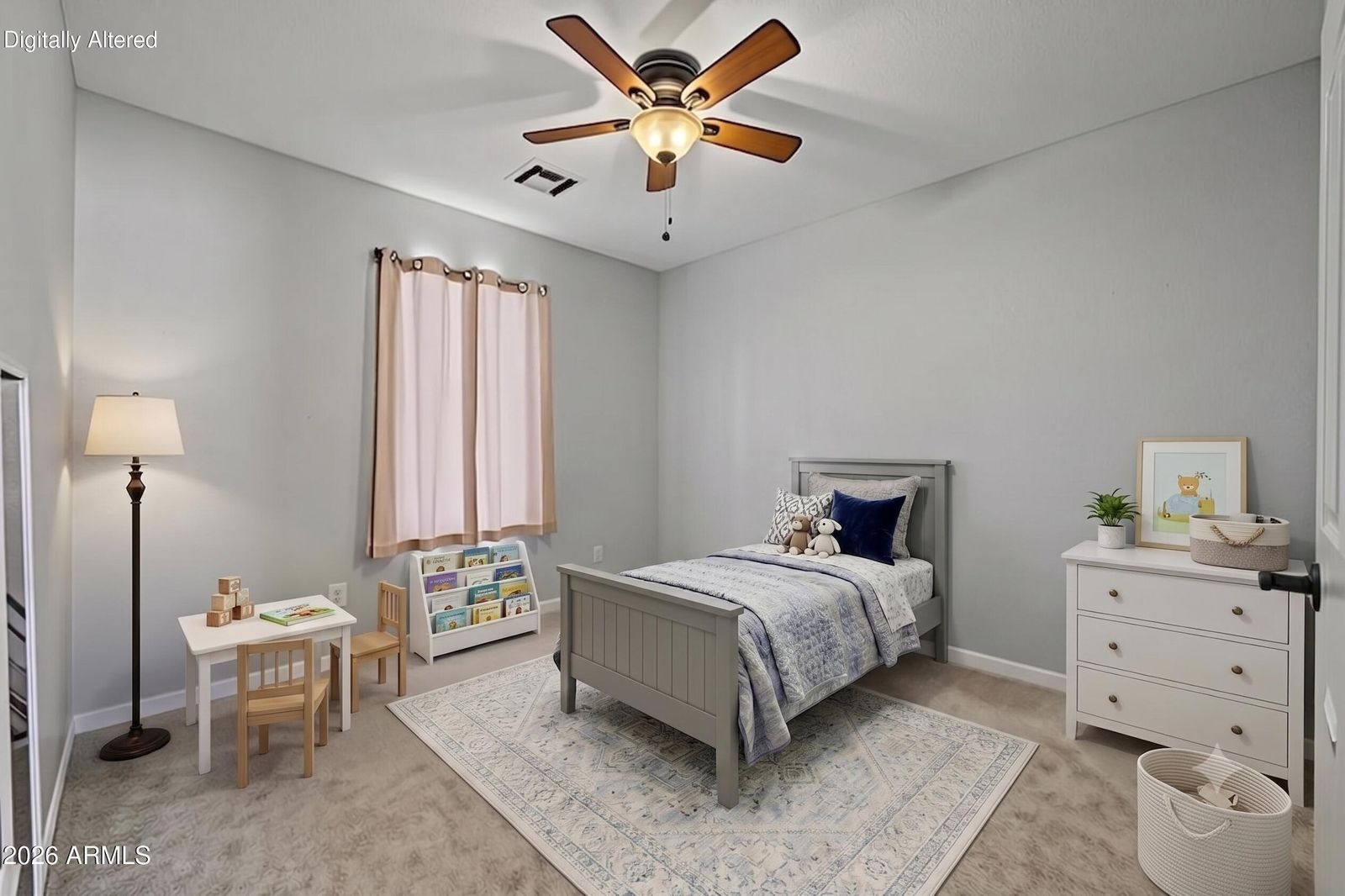 Guest bedroom, virtually staged as a child's room